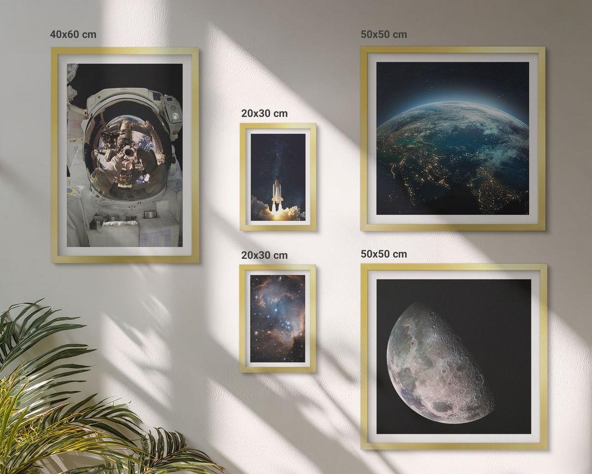 BILDER SET 5er Set - 50x50 cm & 20x30 cm & 40x60 cm Goldrahmen - Weltraum Erde Rakete Galaxie - Goldfarben, Kunststoff (40/60cm) - TULUP