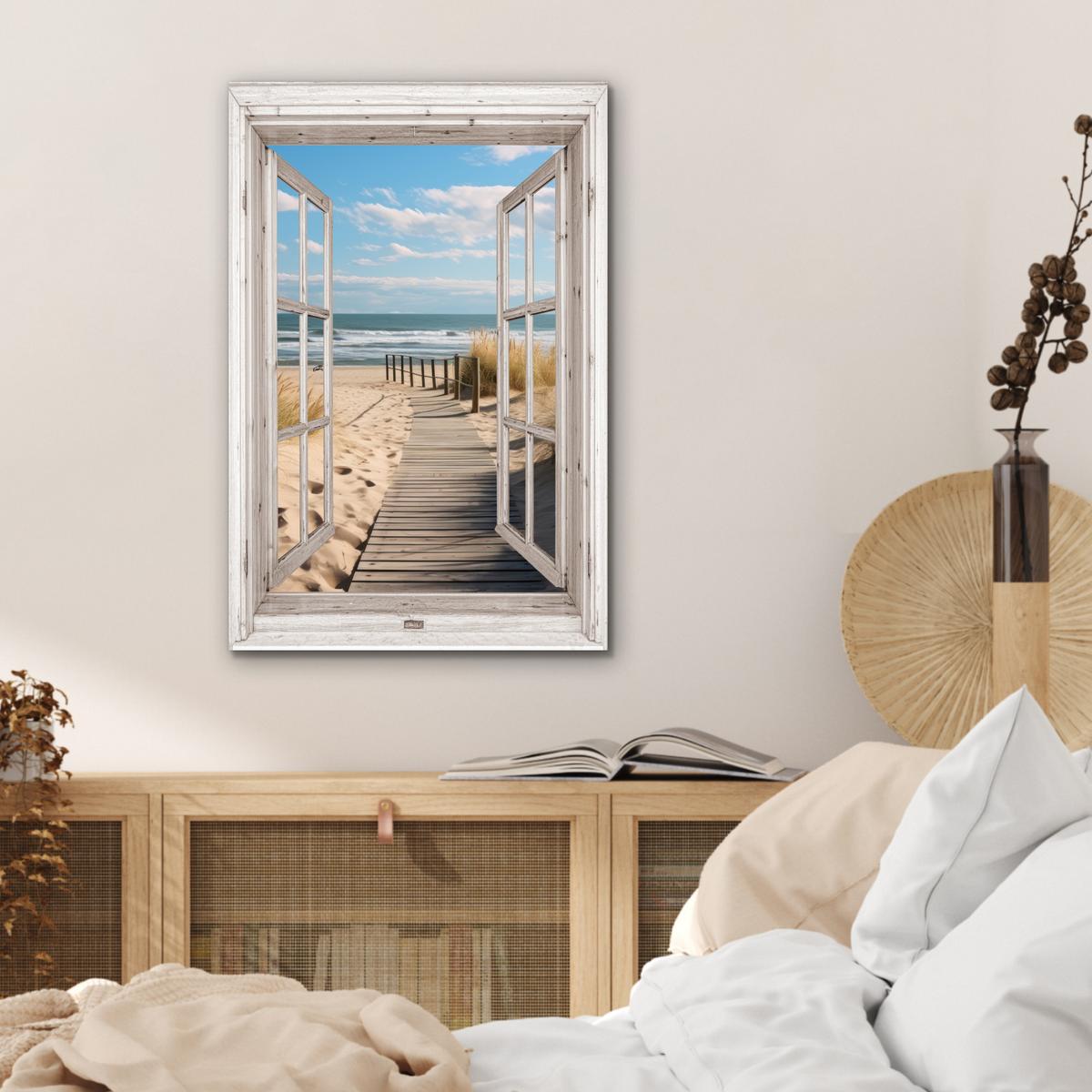METALLBILD Fenster - Meer - Küste - Natur - Ausblick - Strand - Wattenmeer Deko Schlafzimmer 40x60 cm - Beige, Metall (40/60cm) - MuchoWow