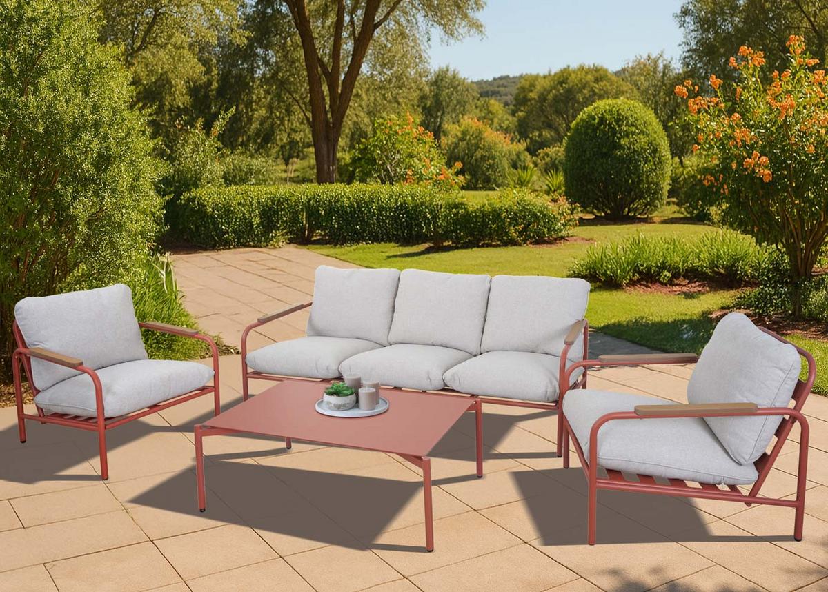 GARTENGARNITUR Rot, Beige 1x 3-Sitzer Gartenbank, 2x Sessel und 1x Tisch-Set - Beige/Rot, Metall - MCW