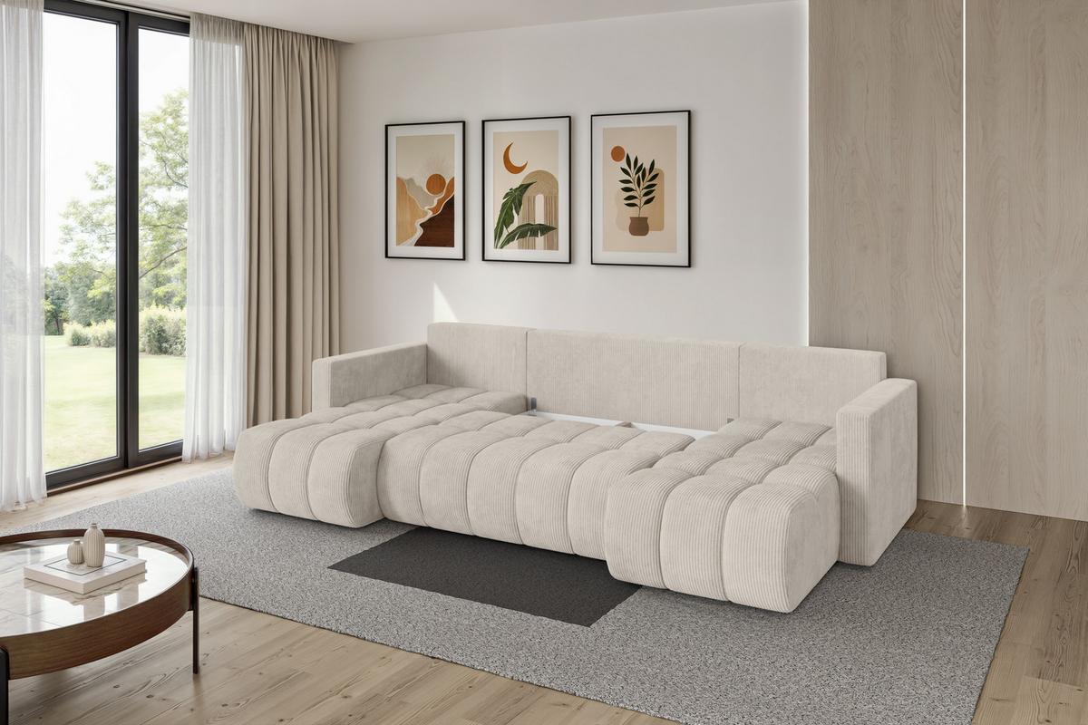 WOHNLANDSCHAFT mit Schlaffunktion und Bettkasten GARD-U 300x146x85 Creme Cord - Ecru/Creme, Holzwerkstoff/Kunststoff (300/85/146cm) - ALTDECOR