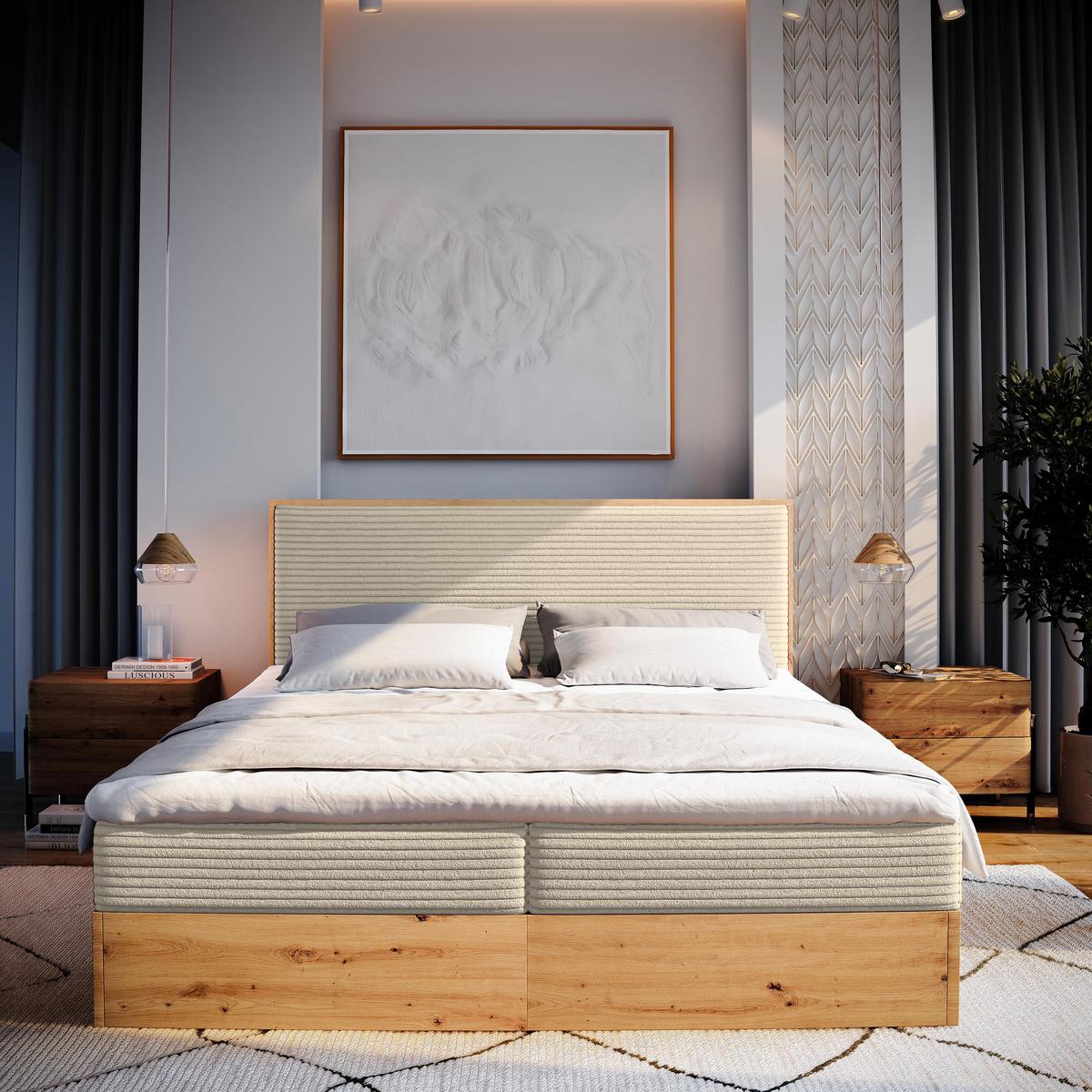 BOXBETT VERDON 180x200 cm mit Matratze und Topper - Creme - Creme, Holz (180/200cm) - MASSENO