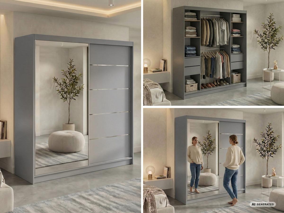 SCHWEBETÜRENSCHRANK mit Schubladen 200 - SKORIA - Grau mit Spiegel - Alufarben/Grau, Holzwerkstoff/Metall (200/216/61cm) - MKS