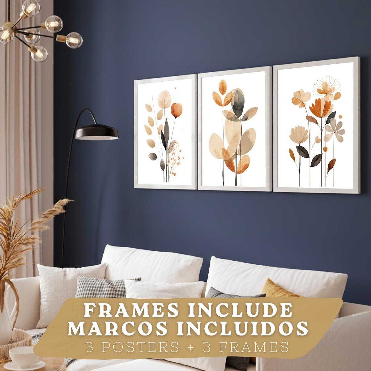 POSTER 3er-Set Wandbilder Orange Blumen modern Wohnzimmer Deko, Schlafzimmer, Küche, Badezimmer Weißer Rahmen A3 - Weiß, Papier (29.7/1/42cm) - Nacnic