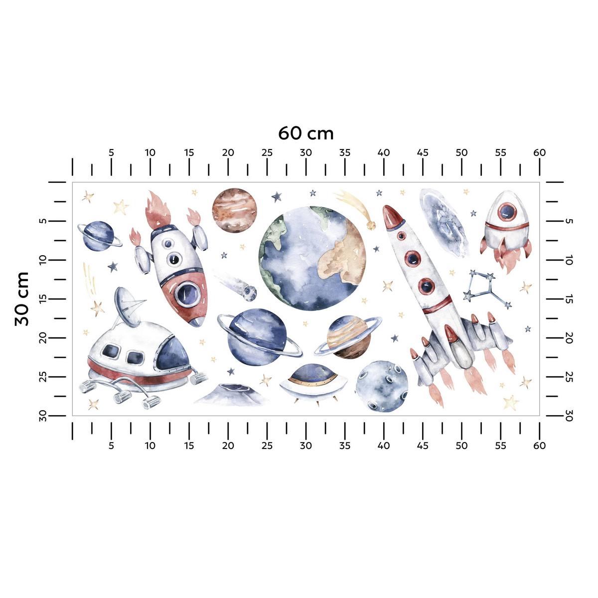 AUFKLEBER SET Weltraumraketen Sternen Planeten 60x30 - Gelb/Beige, Papier (60/30/1cm) - Muralo