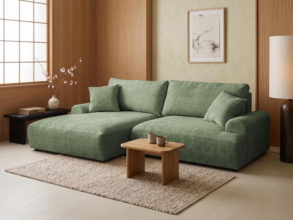 ECKSOFA Melvano mit Schlaffunktion und Bettkasten im Japandi-Stil aus weichem Grün Chenille-Stoff - Schwarz/Grün, Holz/Kunststoff (145/240cm) - S-Style