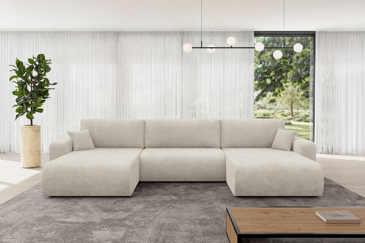 WOHNLANDSCHAFT mit Schlaffunktion und Bettkasten BERY-U 377x193x88 Creme Cord - Ecru/Creme, Holzwerkstoff/Kunststoff (377/88/193cm) - ALTDECOR