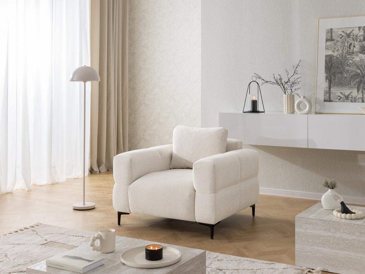 SESSEL Cardea in Bubble-Optik aus weichem Creme Strukturstoff mit hohem Sitzkomfort - Creme/Schwarz, Holz/Textil (102/80/97cm) - S-Style Möbel