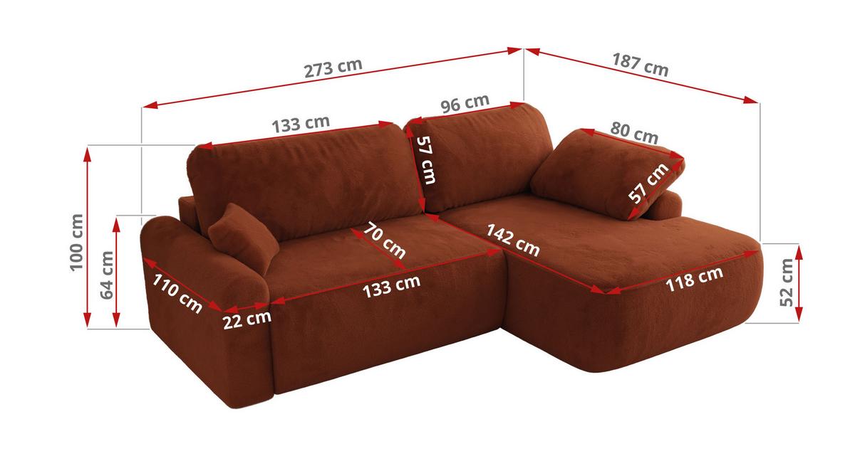 ECKSCHLAFSOFA CUBO L Orange Plüsch - rechts - Schwarz/Orange, Kunststoff/Textil (187/273cm) - MKS