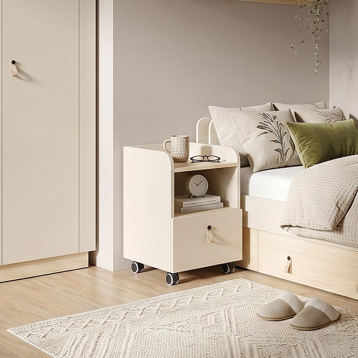 NACHTTISCH Sorella auf Rollen, mit Schublade, für Jugendzimmer, Macadamia + Eiche Mavelie - Eichefarben/Beige, Leder/Holzwerkstoff (40/49/42cm) - Beautysofa