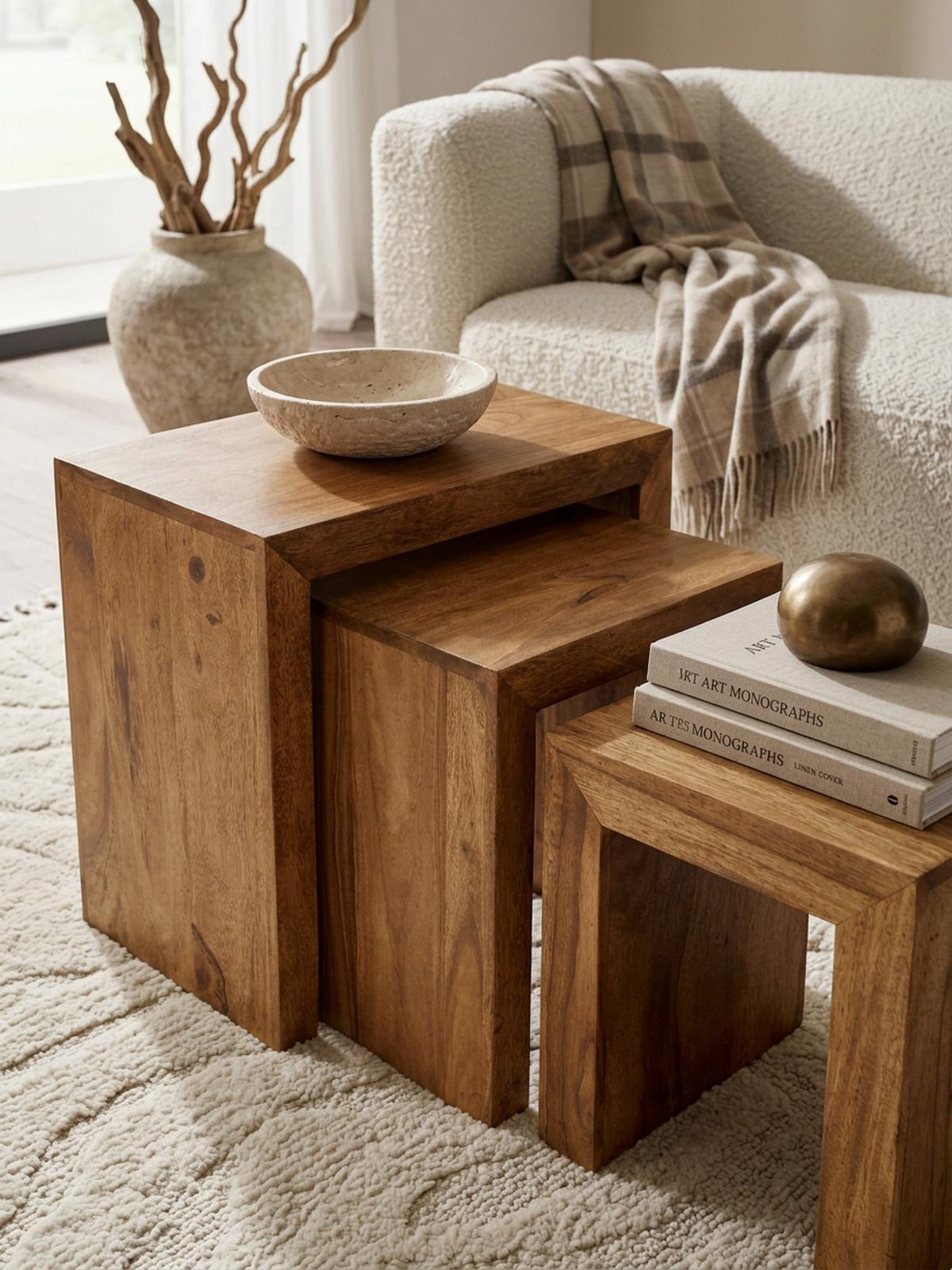 BEISTELLTISCH 3er Set Massivholz Platzsparend Handgefertigt, Beige 50x30x50 cm - Beige, Holz (30/50/50cm) - KADIMA DESIGN