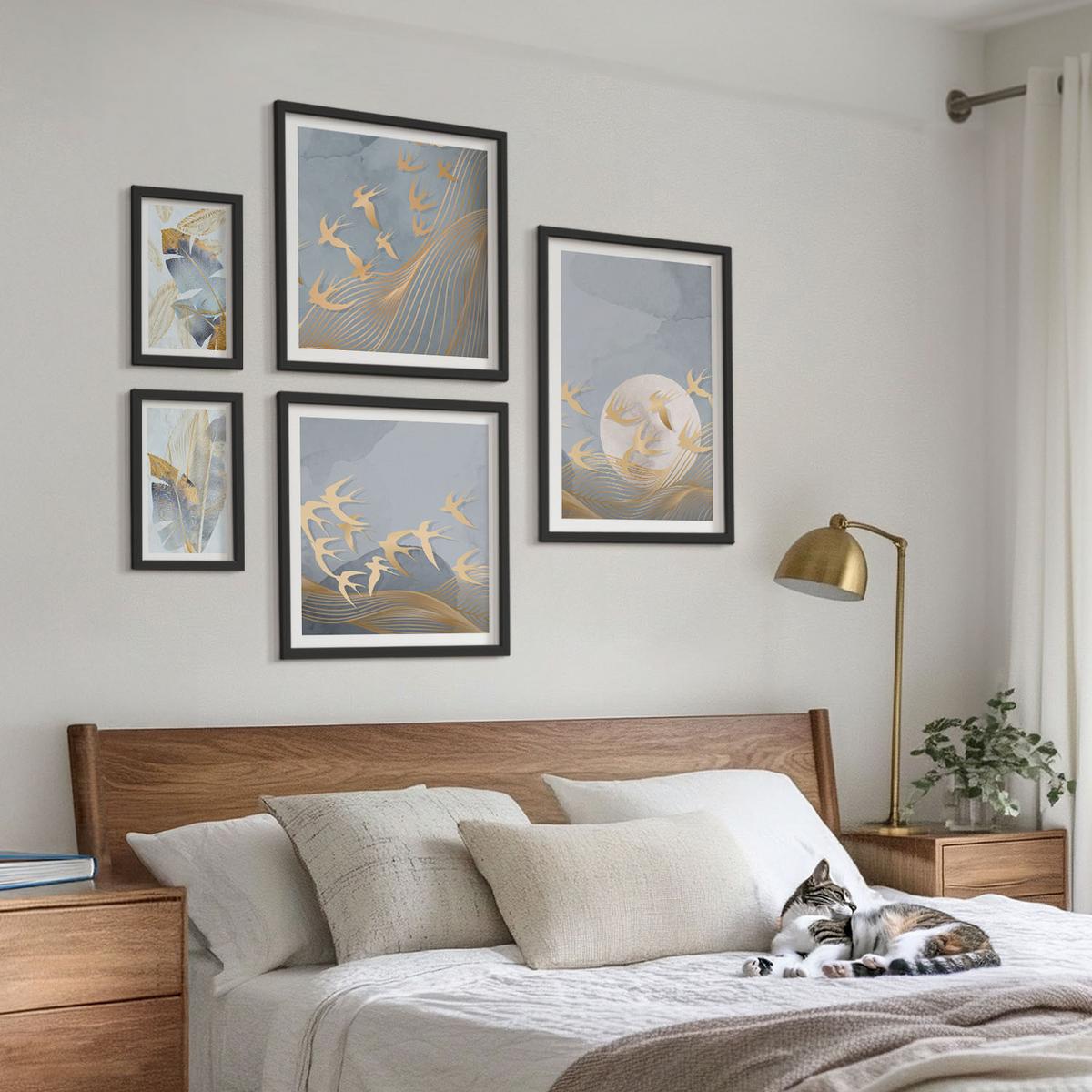 BILDER SET 5er Set - 50x50 cm & 20x30 cm & 40x60 cm Schwarzer Rahmen - Blaubeige Blätter im Hintergrund - Schwarz, Kunststoff (40/60cm) - TULUP