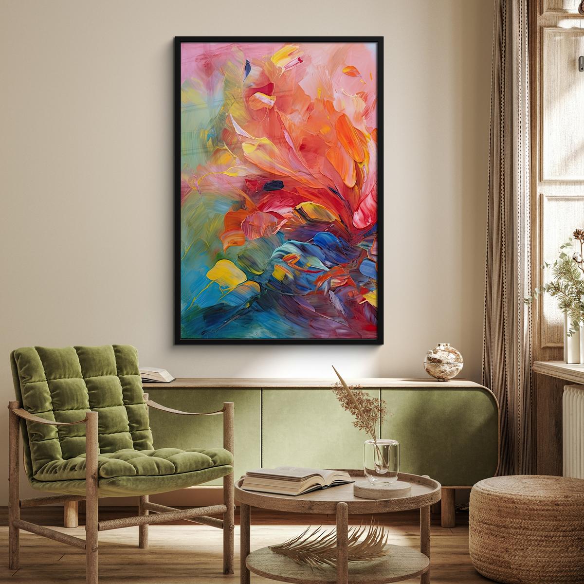 POSTER MIT RAHMEN Ölgemälde - Kunst - Abstrakt - Farbenfroh Bilderleiste 80x120 cm - Altrosa, Papier (80/120cm) - MuchoWow