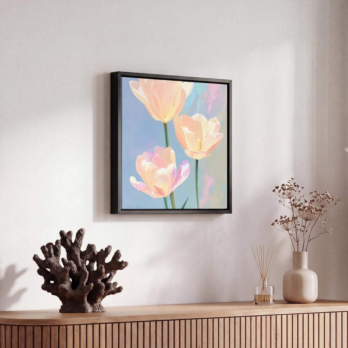 LEINWAND Bilder mit Rahmen - Tulpen - Rosa Akzente - Blau - 20x20 - Pastellblau, Textil (20/20cm) - MuchoWow