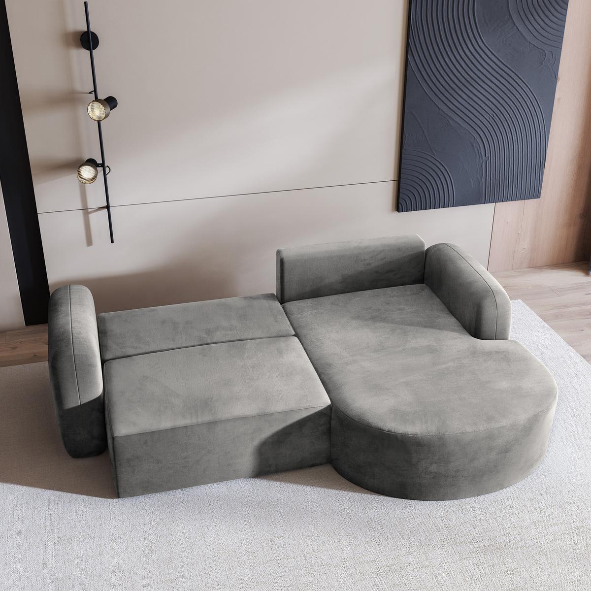 ECKSOFA AMILIA M R-S Hellgrau Velours-Stoff mit Schlaffunktion - Hellgrau, Holz (263/174cm) - MASSENO