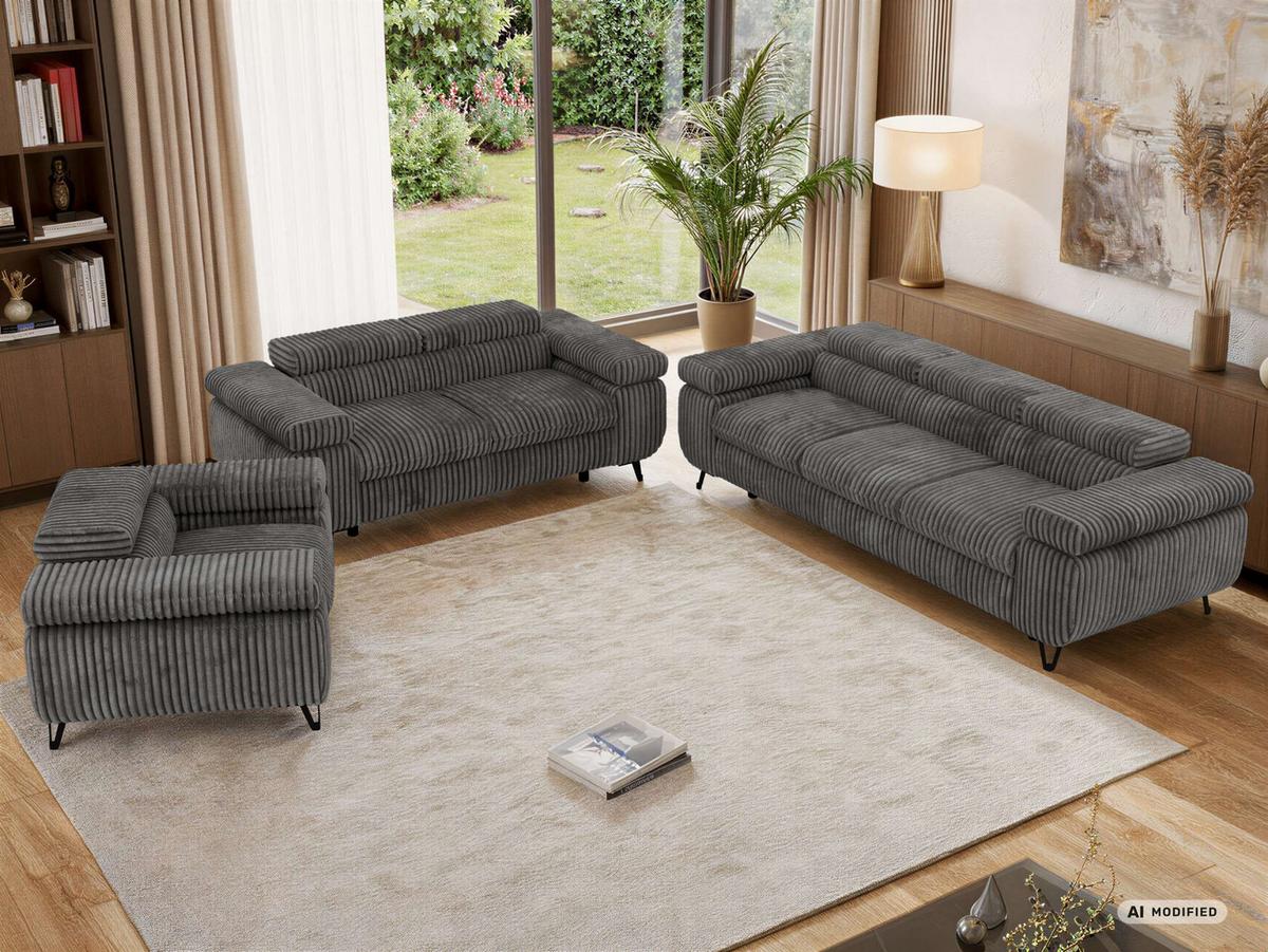 SITZGARNITUR PETER 1+2+3 - Grau Cord - Schwarz/Grau, Textil/Metall (262/76/99cm) - MKS