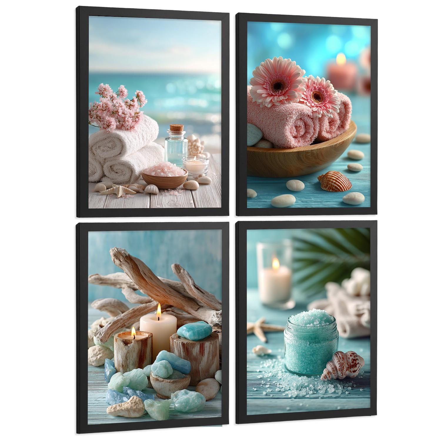 POSTER 4er-Set Badezimmer-Wandposter, Strand-Spa-Poster für Waschbecken, Dusche, WC mit Muscheln, Kerzen, Handtüchern und Meersalz Schwarzer Rahmen A3 - Schwarz, Papier (42/29.7/3cm) - Nacnic