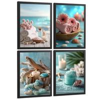 POSTER 4er-Set Badezimmer-Wandposter, Strand-Spa-Poster für Waschbecken, Dusche, WC mit Muscheln, Kerzen, Handtüchern und Meersalz Schwarzer Rahmen A3 - Schwarz, Papier (42/29.7/3cm) - Nacnic
