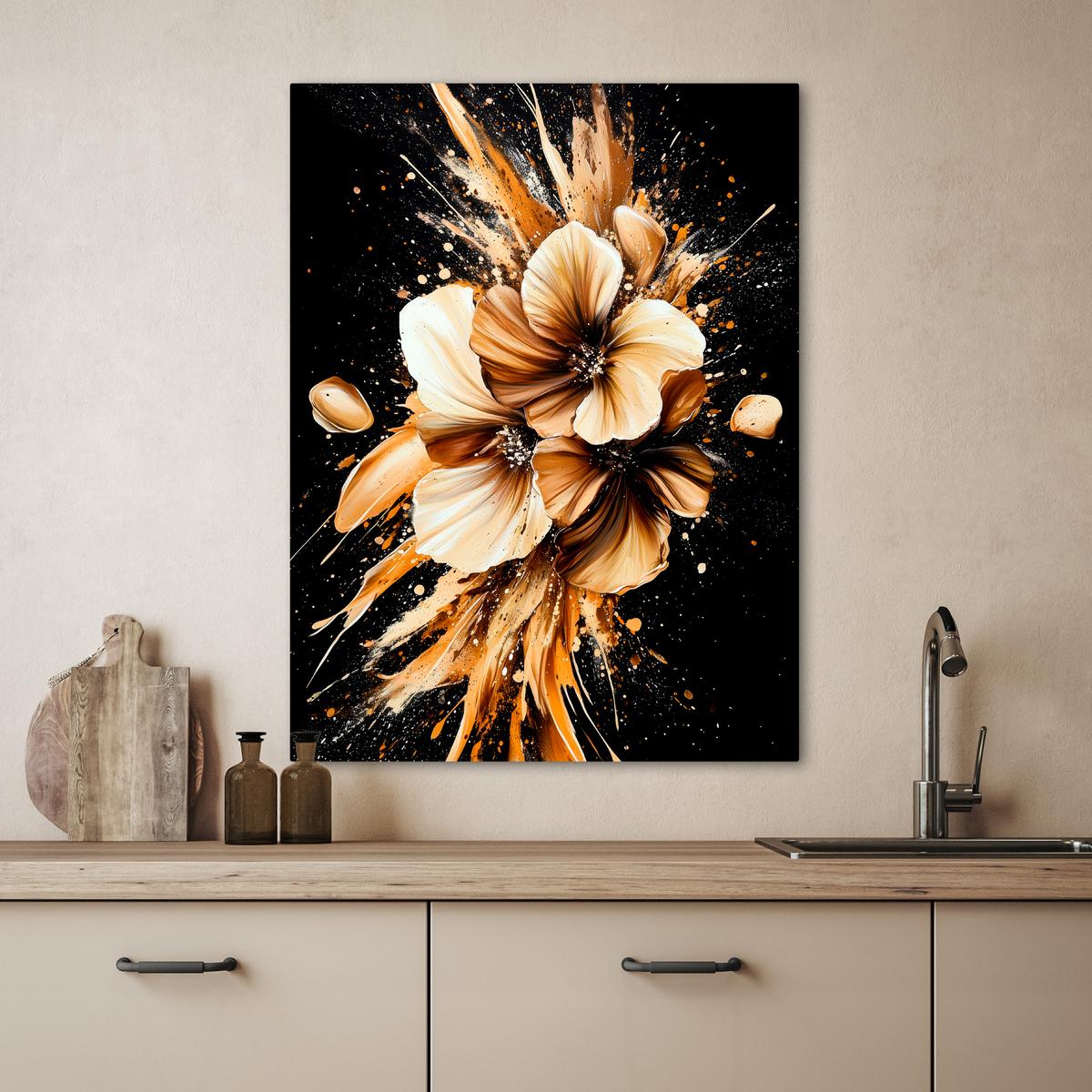 LEINWANDBILD Blumen - Gold - Graffiti - Schwarz - Abstrakt Wandbild Wohnzimmer 60x80 cm - Cappuccino, Textil (60/80cm) - MuchoWow