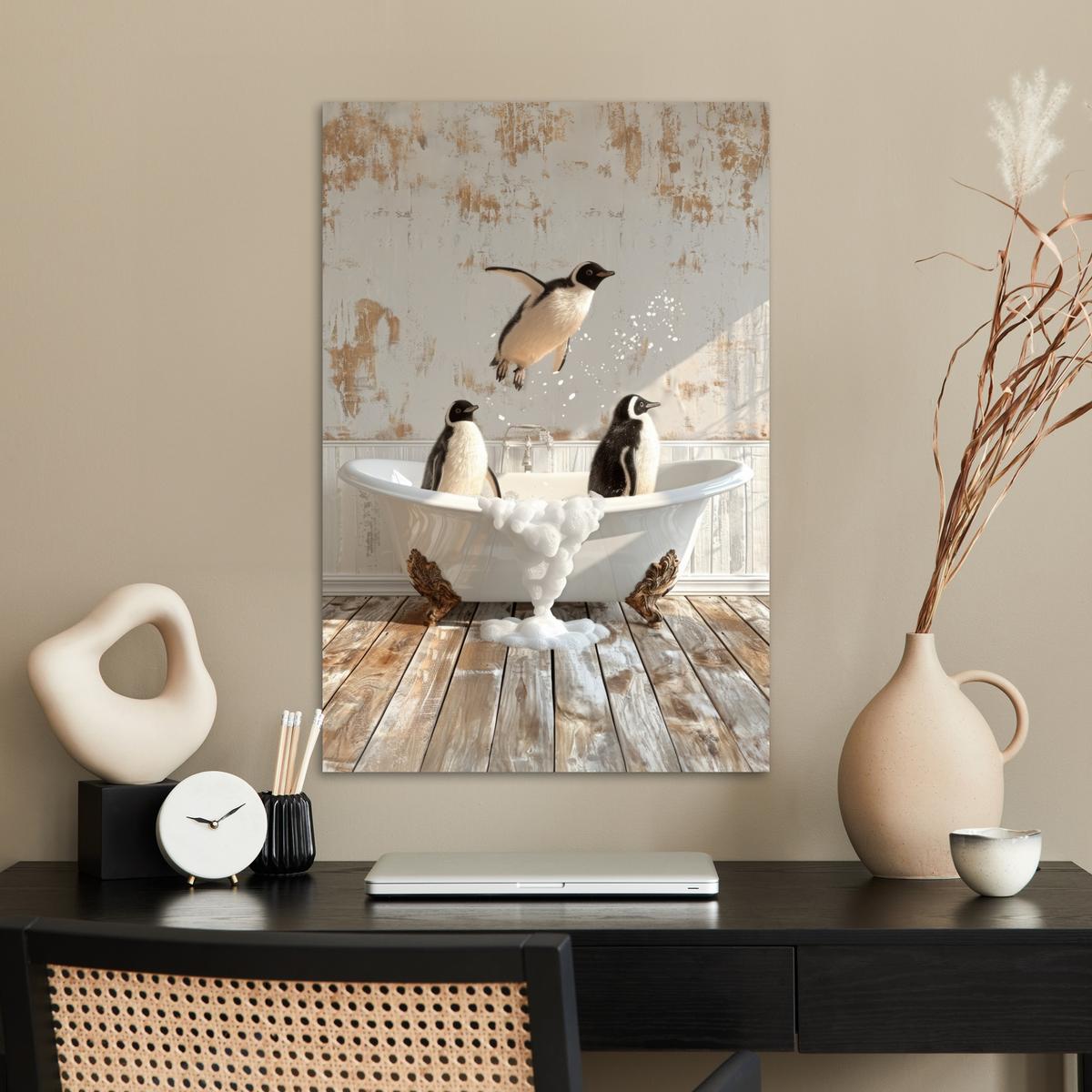 POSTER Vintage - Pinguin - Badewanne - Schaumstoff Wanddeko 40x60 cm - Schwarz, Papier (40/60/0.1cm) - MuchoWow