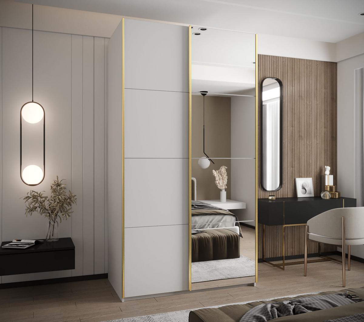 SCHWEBETÜRENSCHRANK 245,5/130/64 2-türig - Goldfarben/Weiß, Holz/Metall (130/245/64cm) - Abiks Möbel