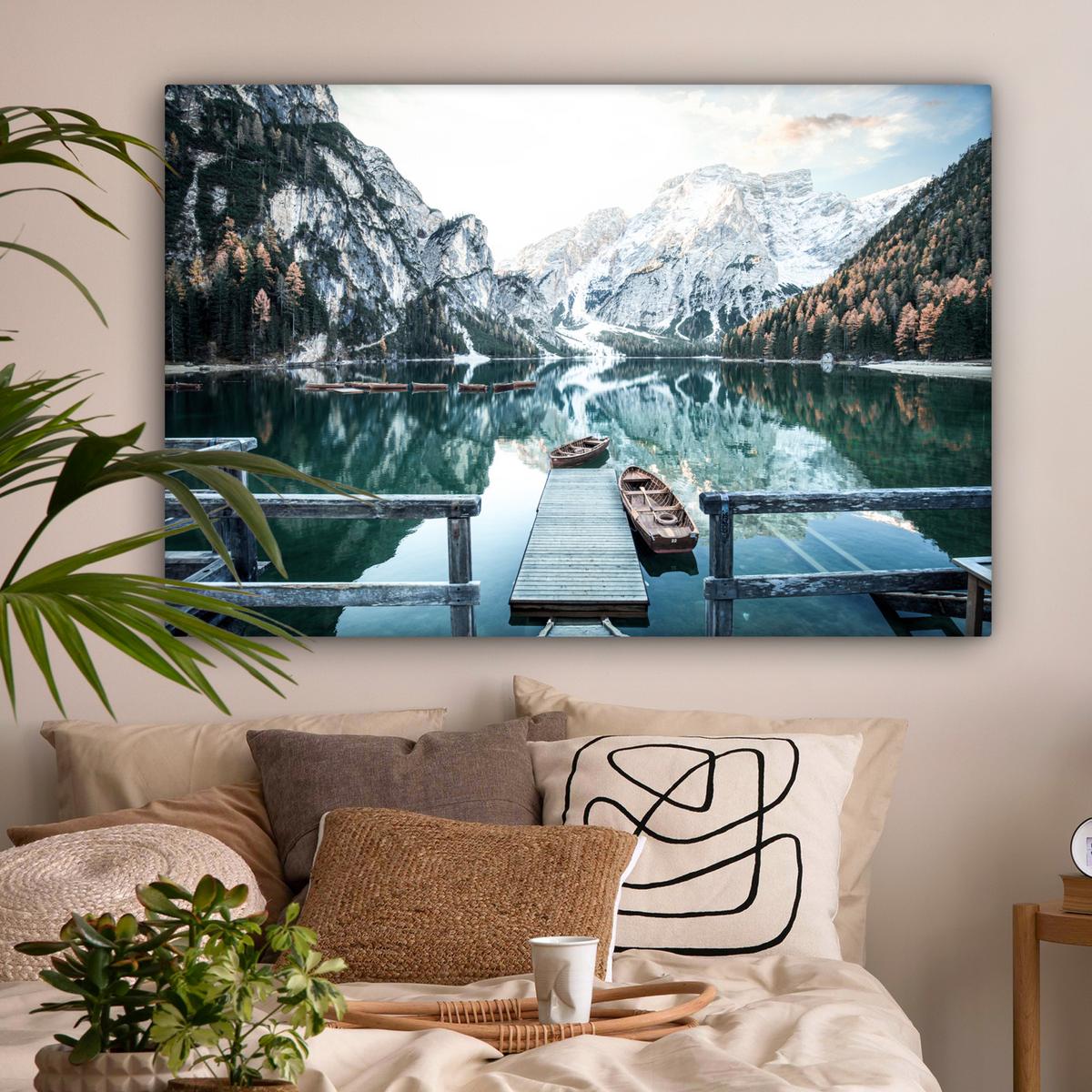 LEINWANDBILD Natur - Berge - Schnee - Wald - Boot Groß 140x90 cm - Hellgrün, Textil (140/90cm) - MuchoWow