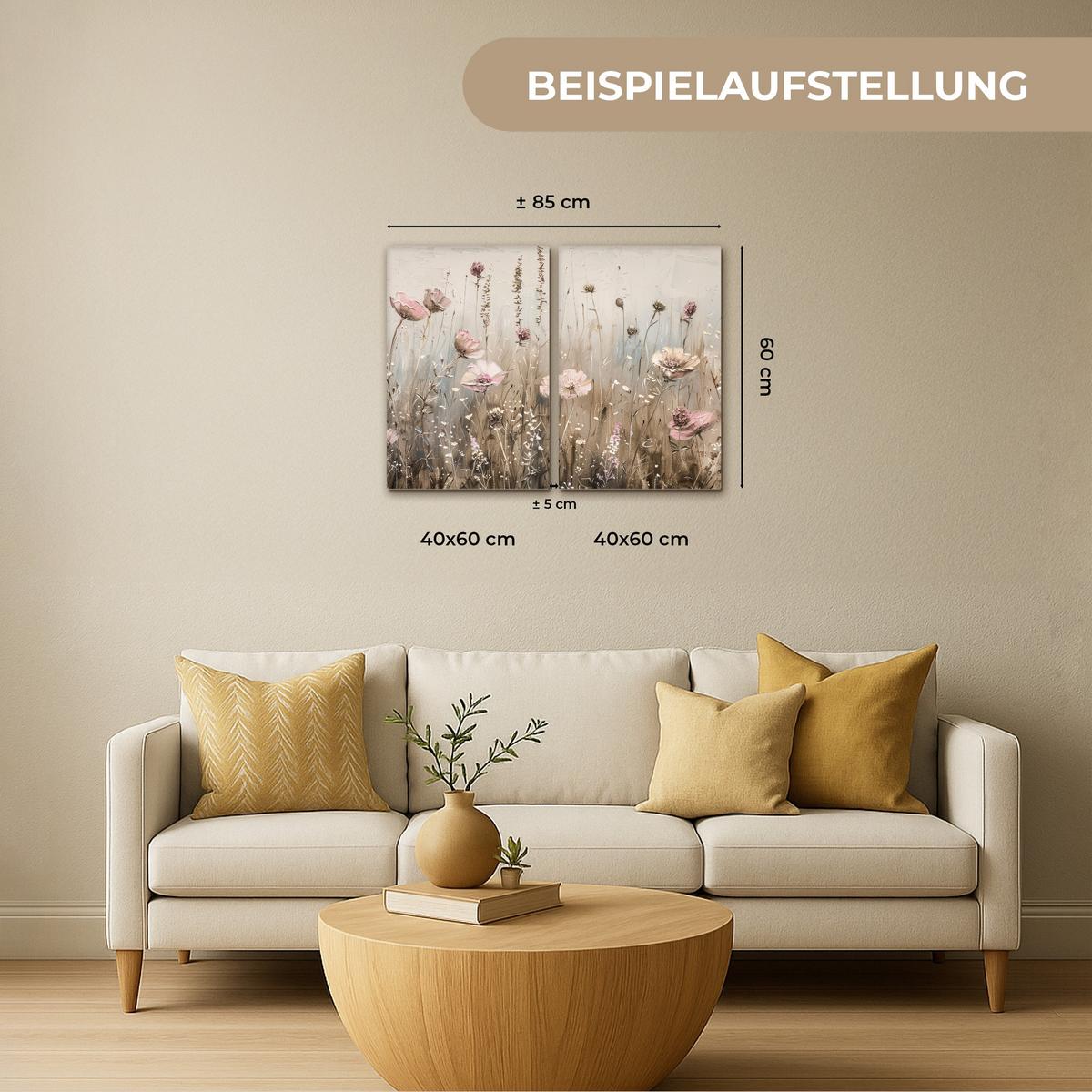 LEINWANDBILD 2er Set Blumen - Beige - Modern - Rosa 80x60 cm - Ecru, Textil (80/60cm) - MuchoWow