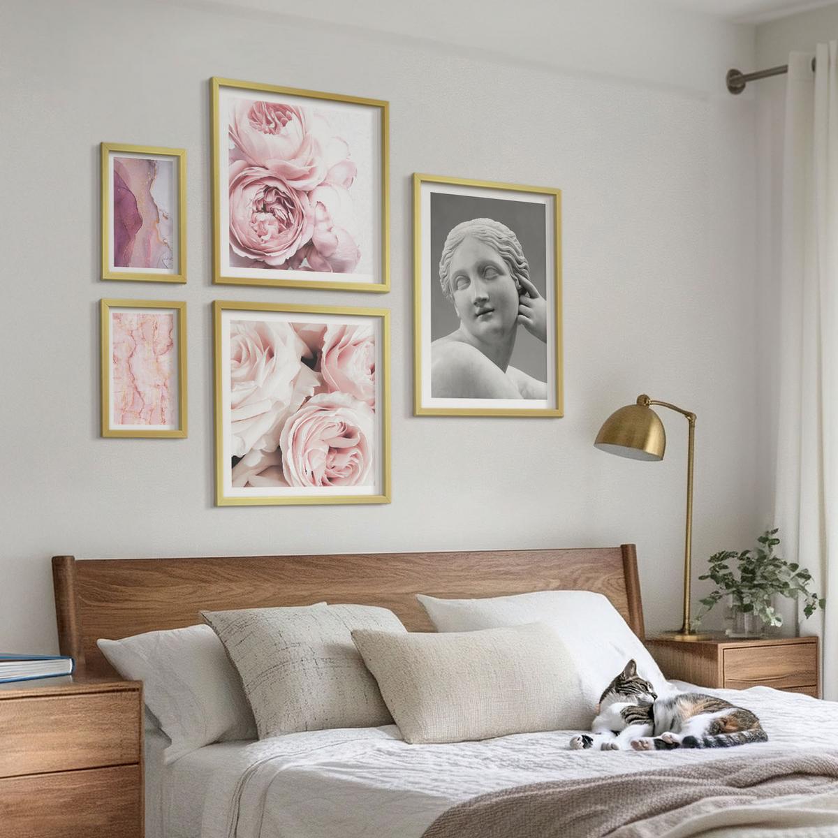 BILDER SET 5er Set - 50x50 cm & 20x30 cm & 40x60 cm Goldrahmen - Pfingstrosenskulptur einer Frau - Goldfarben, Kunststoff (40/60cm) - TULUP