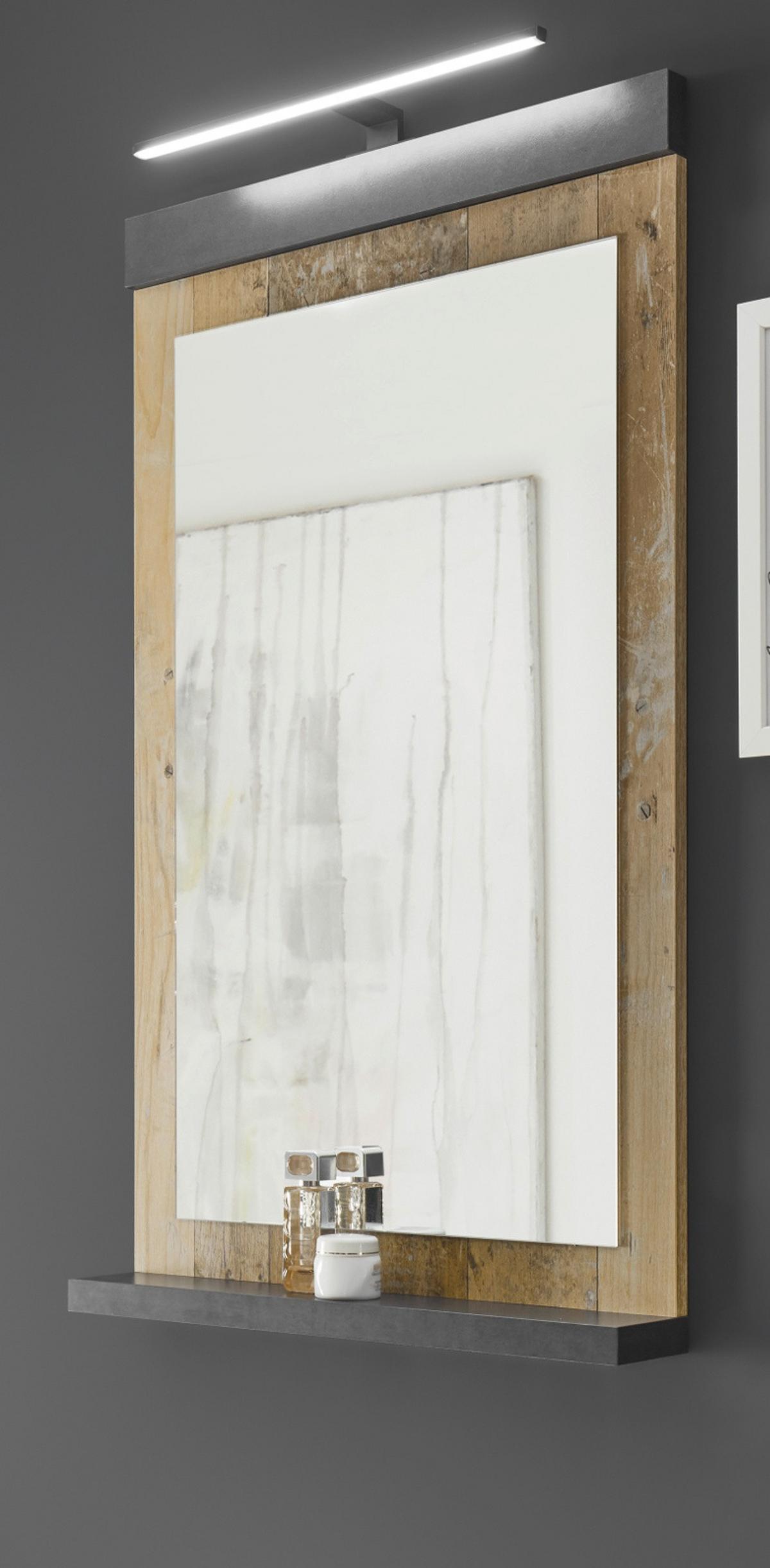 BADSPIEGEL Used Wood Anthrazit, Wandspiegel mit Ablage 56 x 95 cm - Eichefarben/Anthrazit, Holzwerkstoff (56/95/10cm) - Furn.Design