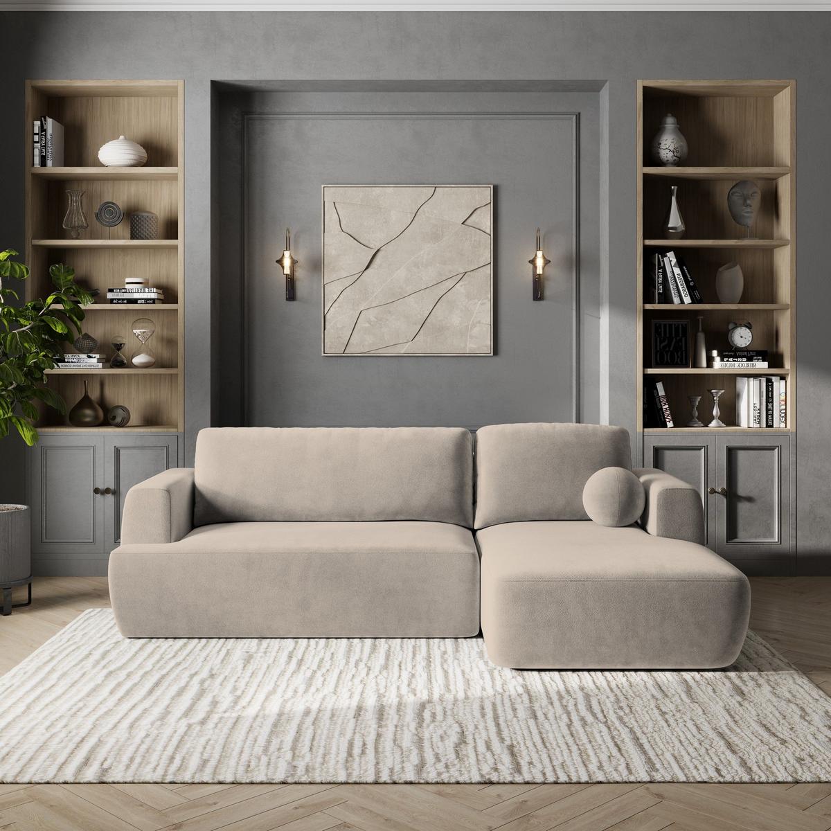 ECKSOFA SENTI K R-S Beige Plüsch-Stoff mit Schlaffunktion - Beige/Schwarz, Holz/Kunststoff (246/148cm) - MASSENO