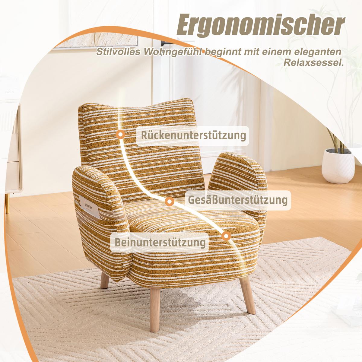 SESSEL boucle stoff gelb modern mit seitentasche holzbeine - Gelb, Textil (77/87/81cm) - Urban Meuble