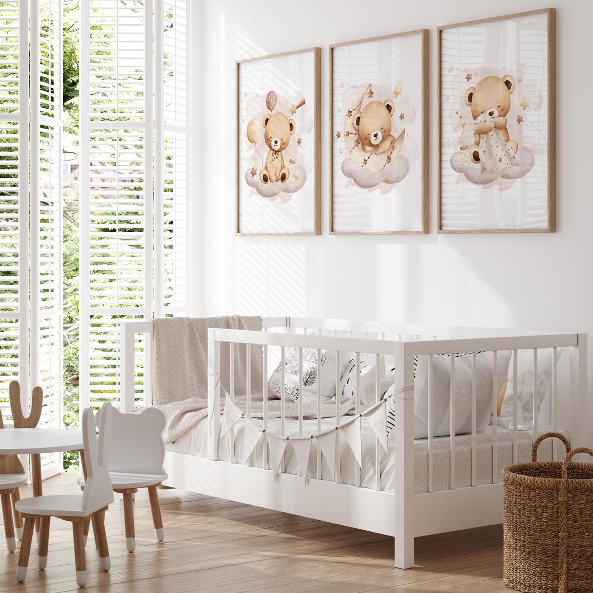 POSTER SET für Kinderzimmer Schlafende Bären auf Wolken Sterne 3x Poster A3 30x42cm - Beige/Braun, Papier (30/42/1cm) - Muralo