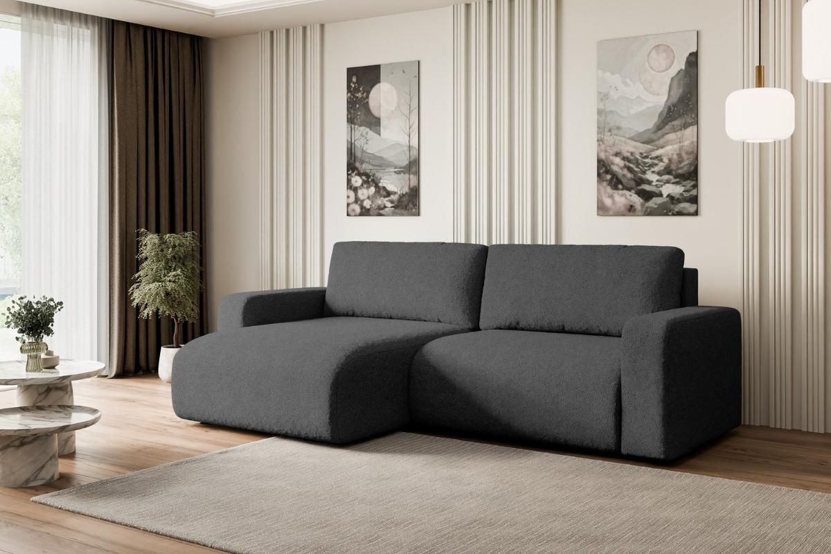 ECKSOFA mit Schlaffunktion und Bettkasten KLEEA-L - 247x143x83 cm Grau Bouclé - Schwarz/Grau, Holzwerkstoff/Kunststoff (247/143cm) - ALTDECOR