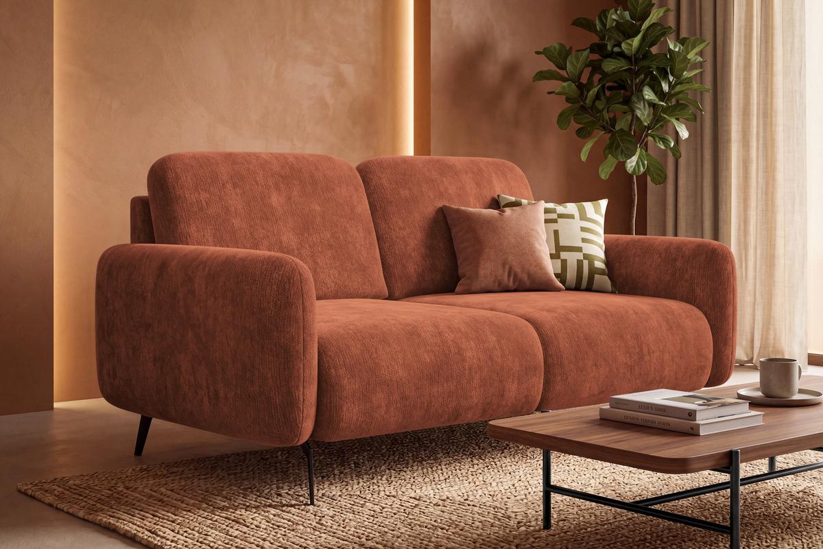 SOFA FEBE 2-Sitzer, rostroter Chenille-Stoff - Rostfarben/Schwarz, Holz/Textil (160/82/96cm) - Wozimo