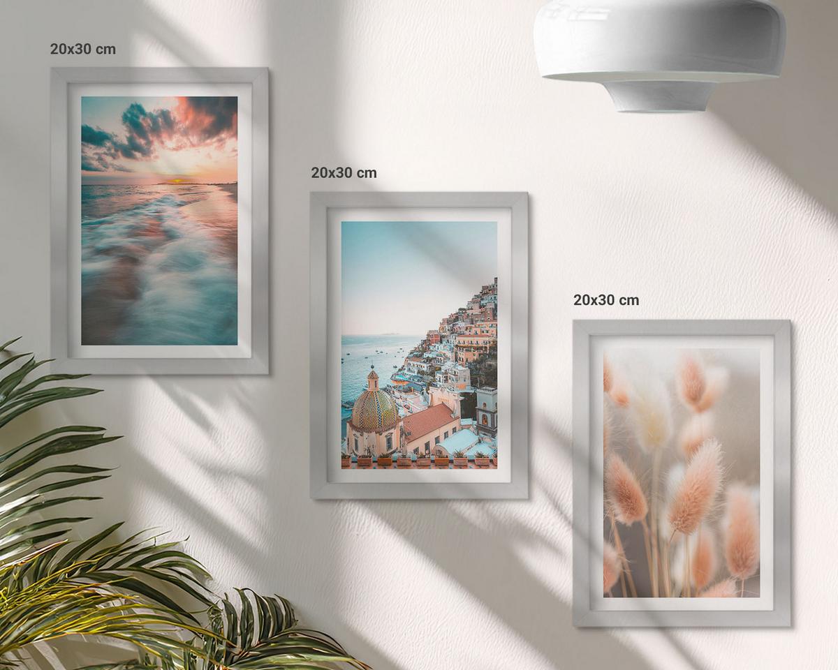 BILDER SET 3er Set - 20x30 cm Silberner Rahmen - Sonnenuntergang am Meer, Häuser, Blumen - Silberfarben, Kunststoff (20/30cm) - TULUP
