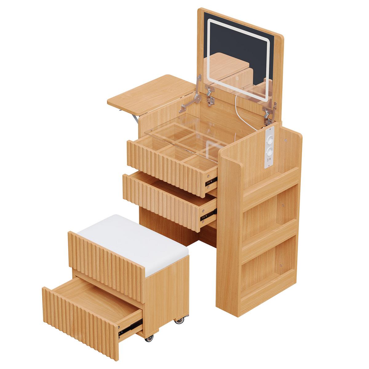 SCHMINKTISCH mit Hocker Naturholzoptik mit LED-Klappspiegel, Ladestation - Naturfarben, Holzwerkstoff (79/120/40cm) - Urban Meuble