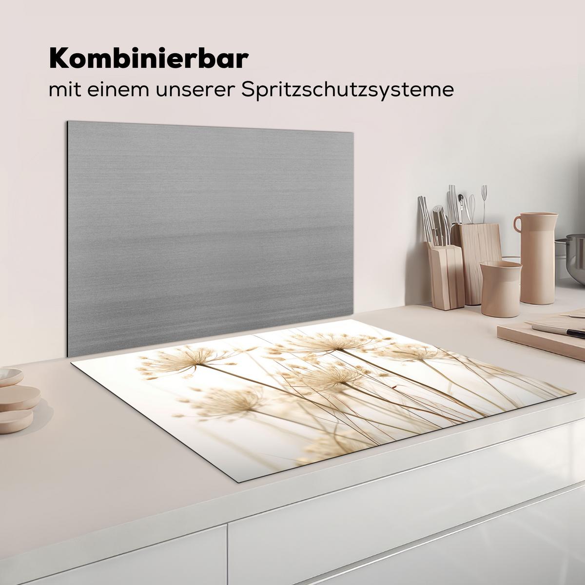 HERDABDECKPLATTE Blumen - Weiß - Sonnenlicht Induktionsmatte 77x59 cm - Ecru, Kunststoff (77/59/0.2cm) - MuchoWow