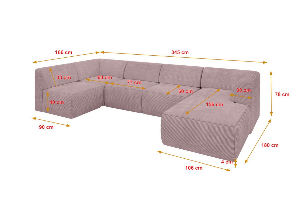 WOHNLANDSCHAFT Ottomane Rechts MOVO-L 345x180x78 cm Rosa Cord - Rosa, Holzwerkstoff/Kunststoff (180/78/345cm) - ALTDECOR