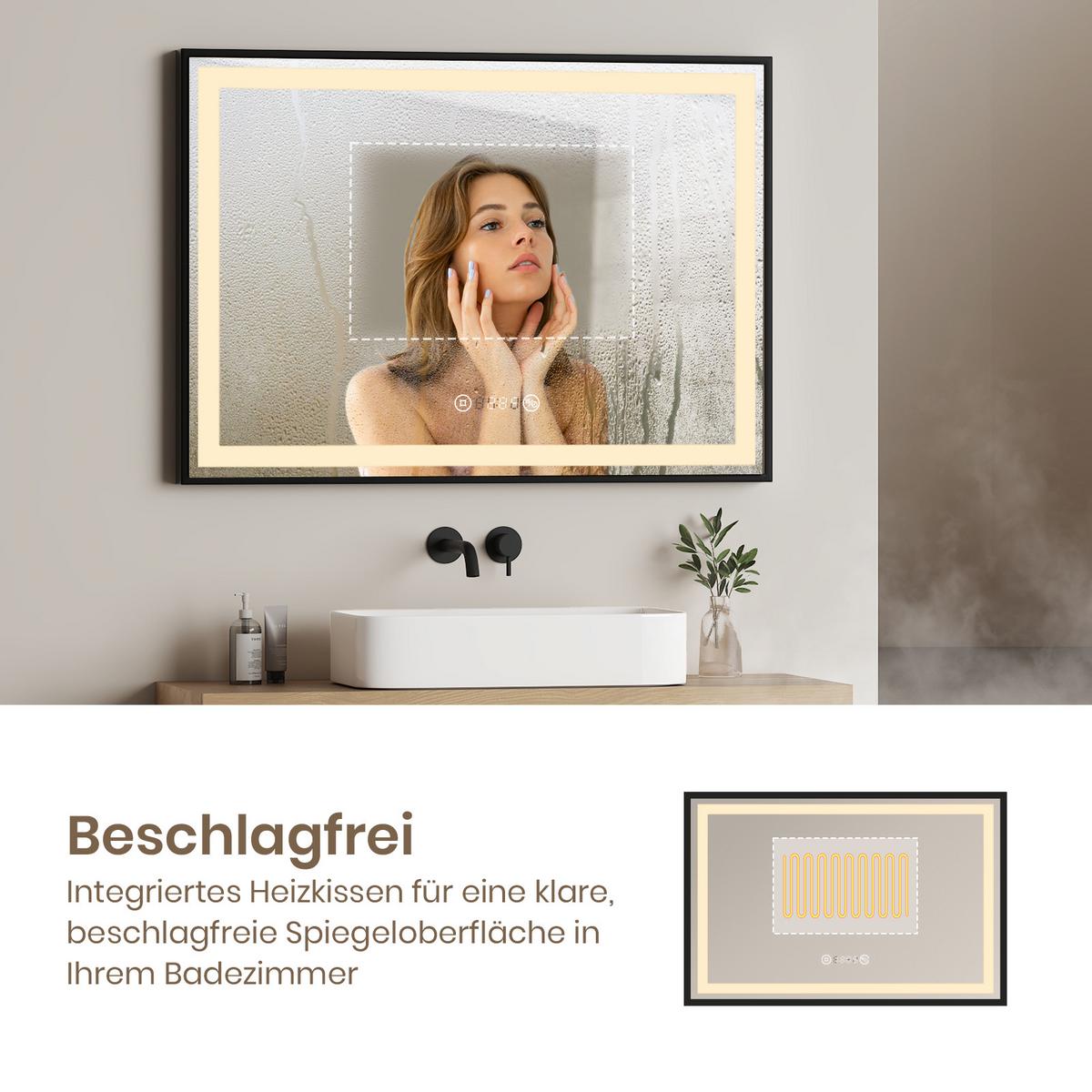 BADSPIEGEL mit Beleuchtung Schwarzer Rahmen 100/70 cm - Schwarz, Glas (100/70/3.5cm) - EMKE
