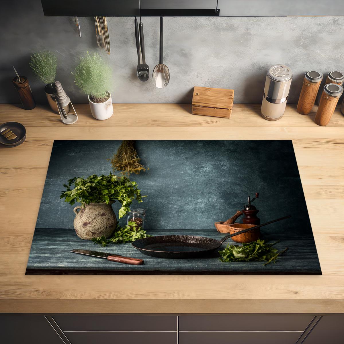 HERDABDECKPLATTE Kräuter - Gewürze - Pfanne - Messer - Grau - Rustikal Abdeckung Ceranfeld 81.2x52 cm - Petrol, Kunststoff (81.2/52/0.2cm) - MuchoWow