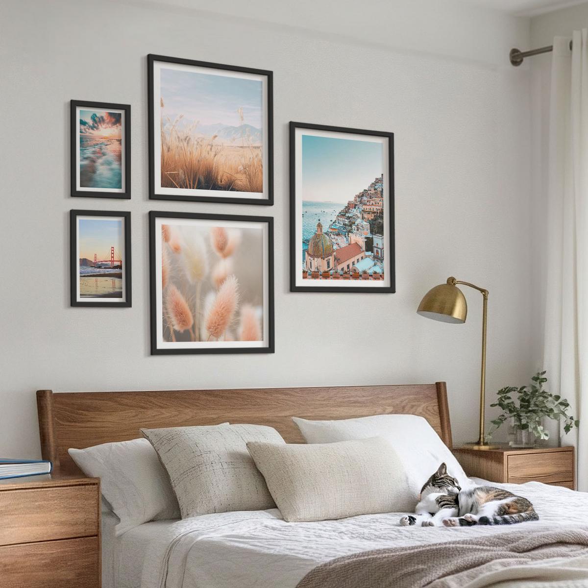 BILDER SET 5er Set - 50x50 cm & 20x30 cm & 40x60 cm Schwarzer Rahmen - Sonnenuntergang am Meer, Häuser, Blumen - Schwarz, Kunststoff (40/60cm) - TULUP