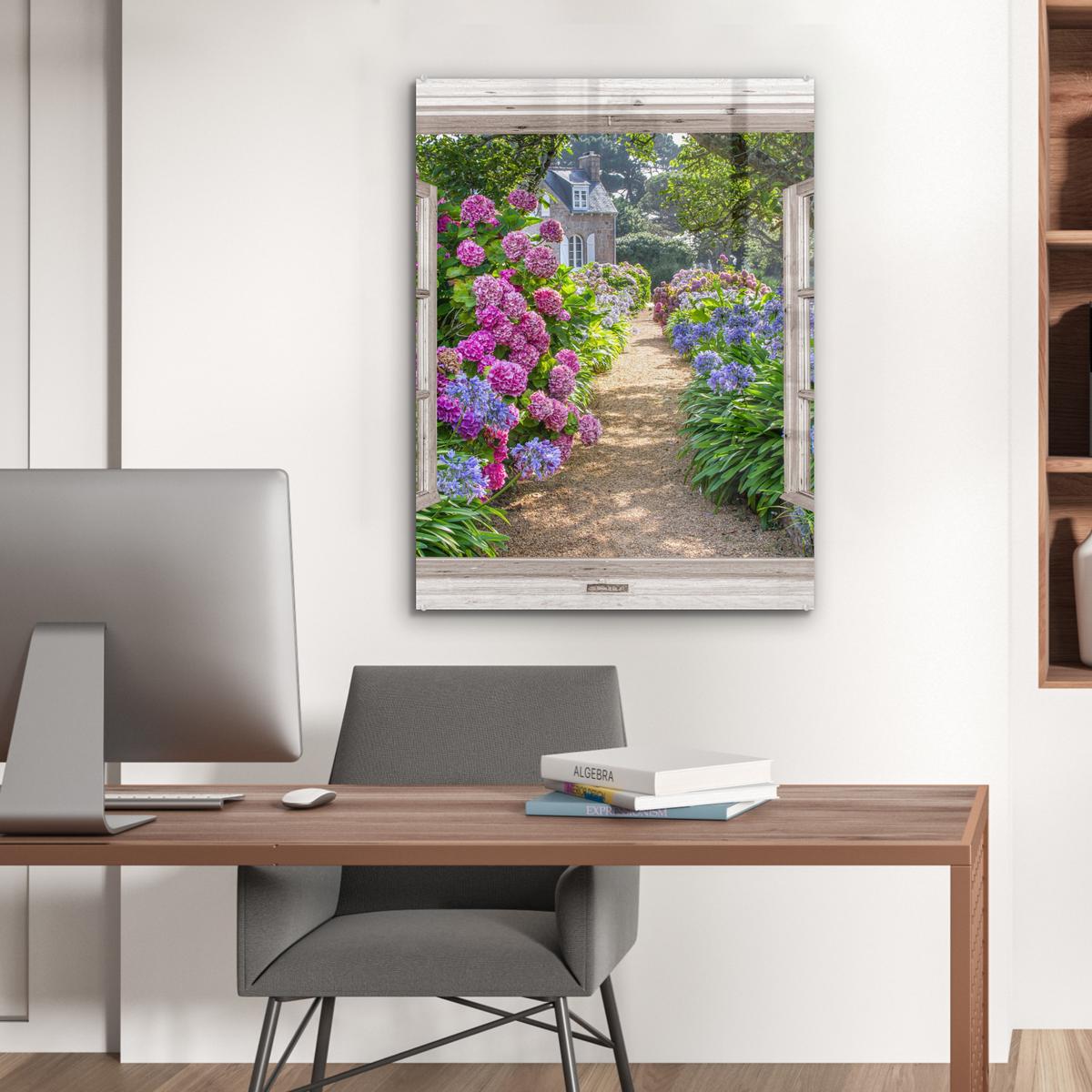 ACRYLGLASBILD Hortensie - Durchsichtig - Blumen - Sommer - Lila - Weg 60x80 cm - Lila, Glas (60/80cm) - MuchoWow