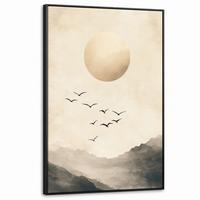 LEINWAND Bilder mit Rahmen - Landschaft - Japandi - Vogel - 80x120 - Beige, Textil (80/120cm) - MuchoWow