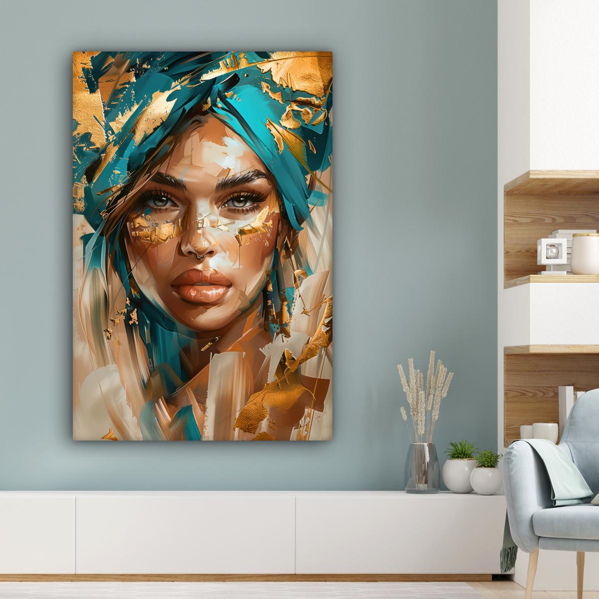 LEINWANDBILD Frau - Porträt - Gold - Luxus - Blau Deko XXL 80x120 cm - Türkis, Textil (80/120cm) - MuchoWow