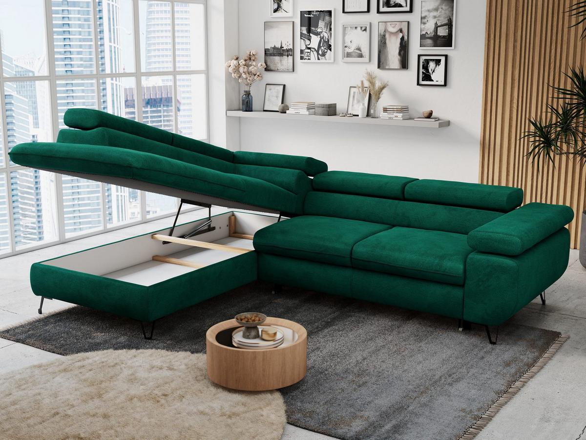ECKSOFA PETER L Dunkelgrün Velvet - Links Seite - Dunkelgrün/Schwarz, Textil/Metall (208/273cm) - MKS
