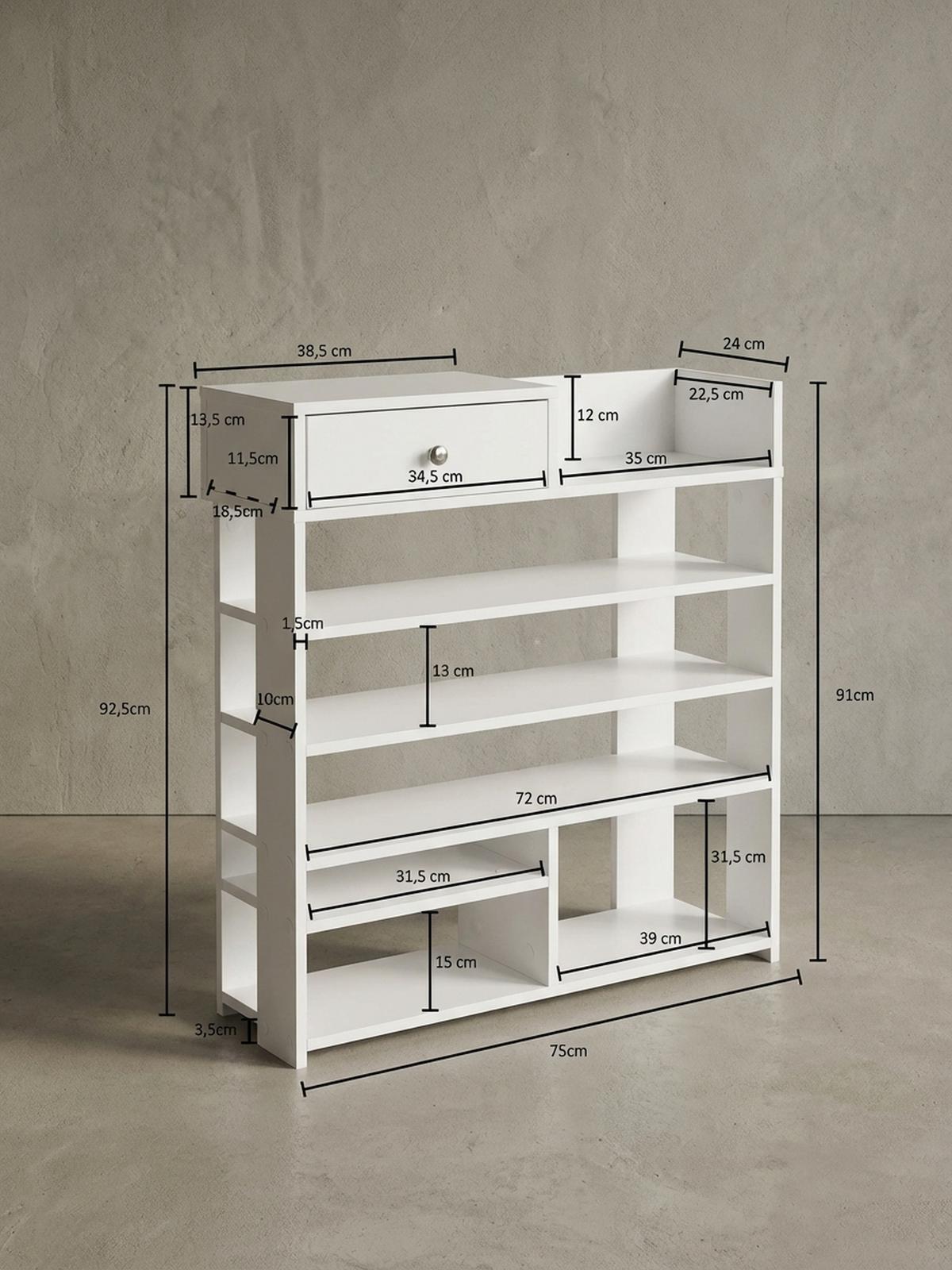SCHUHREGAL – Weiß, 75x92,5x24 cm, 7 Fächer, mit Schublade, kompakt - Weiß, Holz/Metall (75/93/24cm) - KADIMA DESIGN