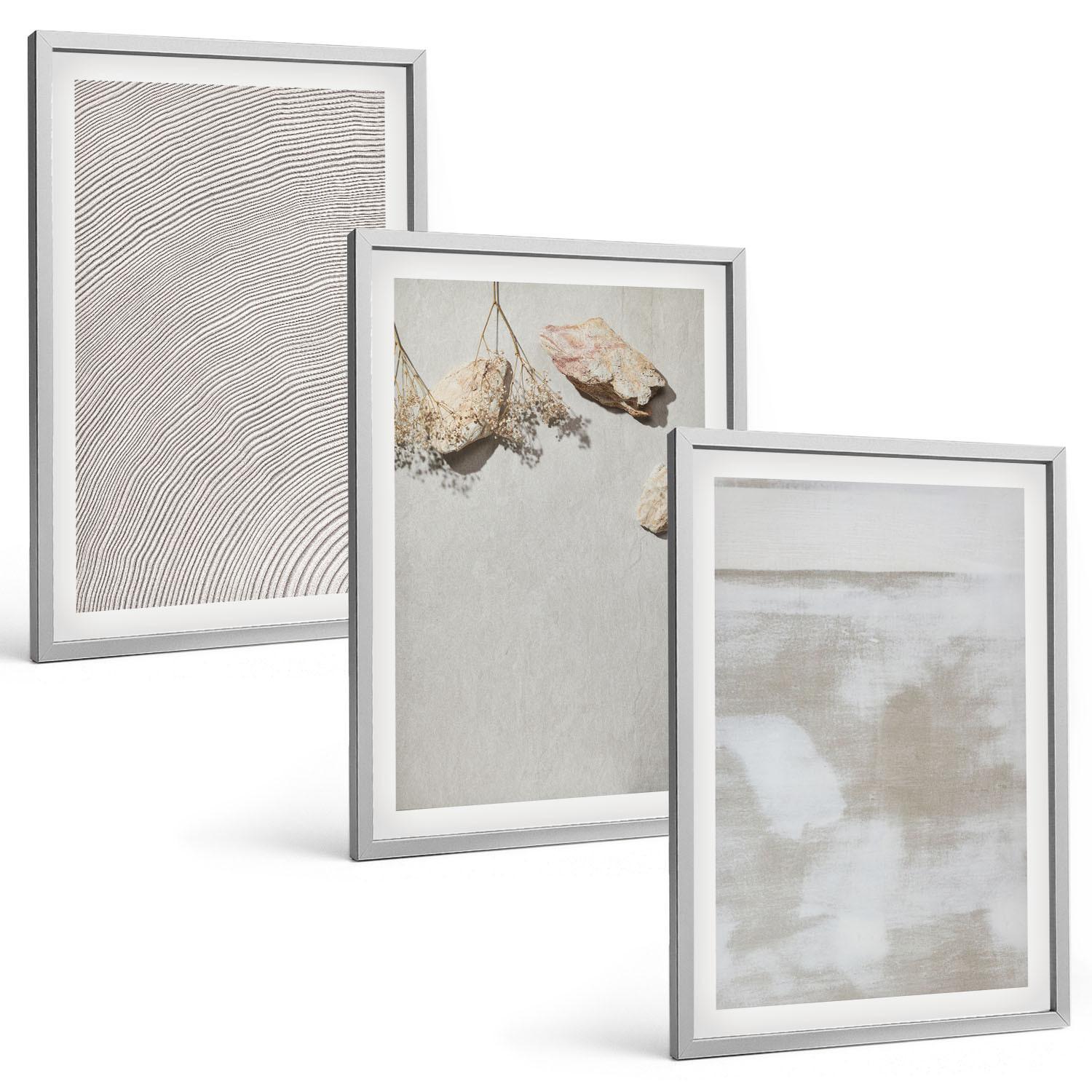 BILDER SET 3er Set - 40x60 cm Silberner Rahmen - Boho-Textur aus Sandsteinen - Silberfarben, Kunststoff (40/60cm) - TULUP