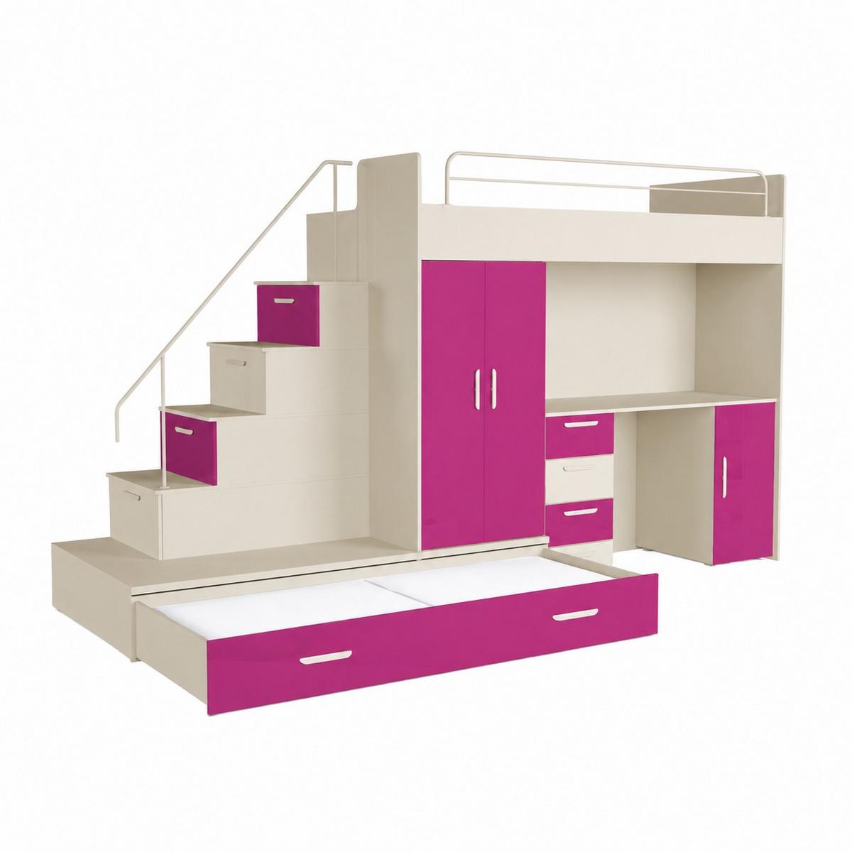KINDERZIMMER Set RAJ 5, Hochglanz mit Hochbett, Schrank und Schreibtisch - Kaschmir/Rosa, Holzwerkstoff (320/180/86cm) - Lookway