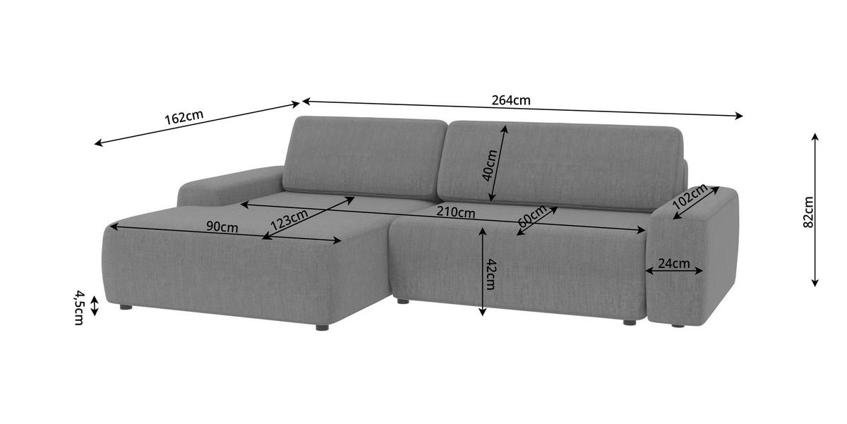 ECKSOFA Lopez Hellgrau Samt-Stoff - Hellgrau/Schwarz, Holz/Kunststoff (264/162cm) - S-Style