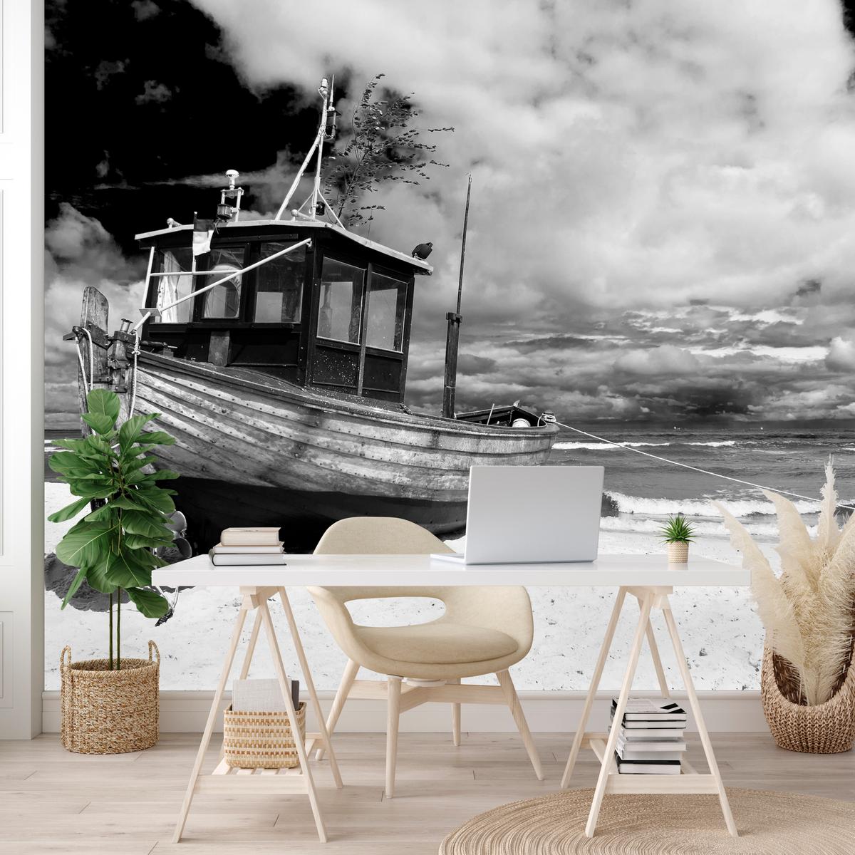 FOTOTAPETE für Wohnzimmer Schwarz-Weiß Boot Strand Meer 100x70 - Schwarz/Weiß, Papier (100/70cm) - Muralo