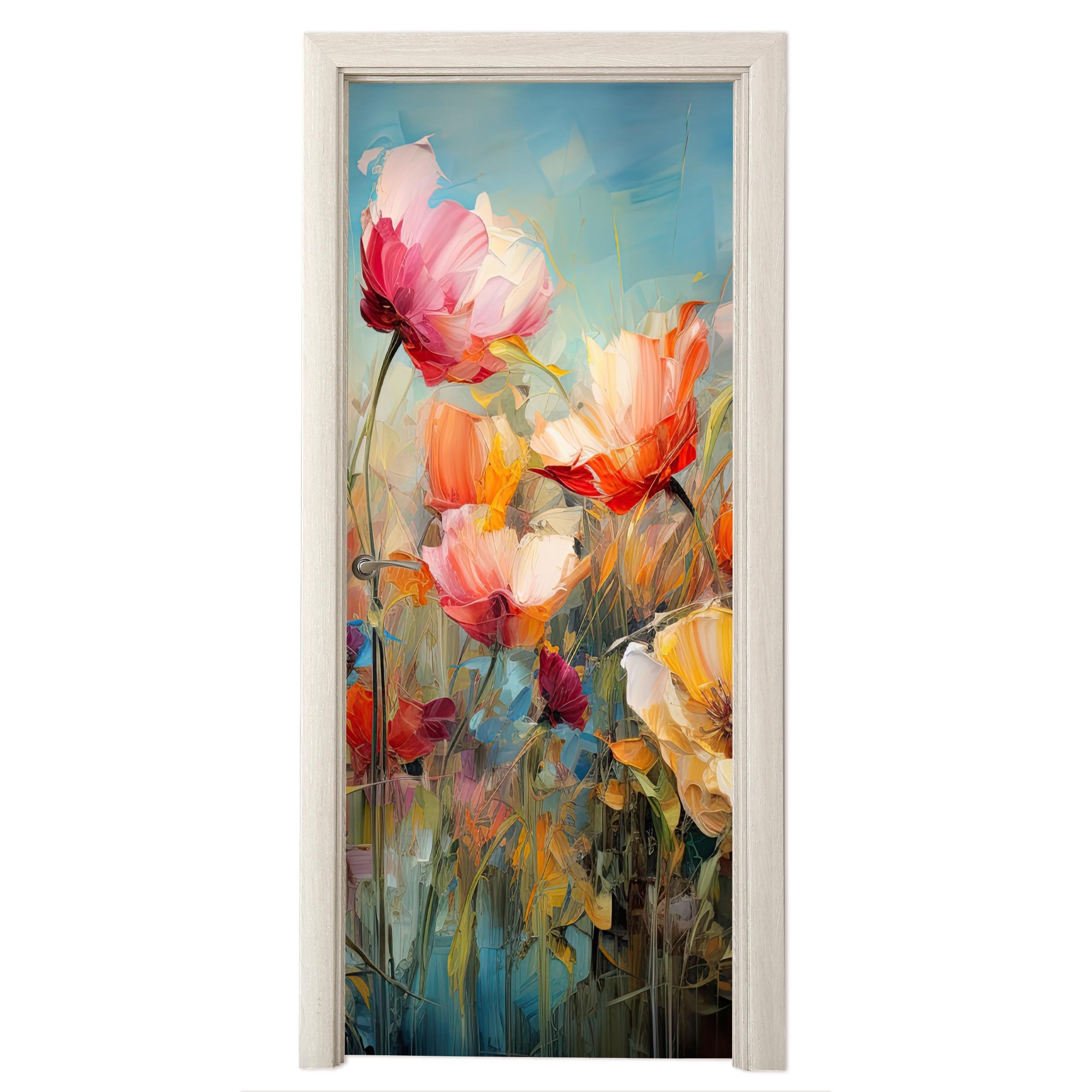 TÜRAUFKLEBER Blumen - Aquarell - Kunst - Botanisch - Natur 80x215 cm - Türtapete - Orange, Kunststoff (80/0.1cm) - MuchoWow